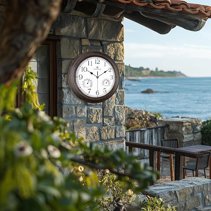 Lafocuse Brown Outdoor Wall Clocks Waterproof for Patio with Thermometer, 12 Inch Hygrometer Wall Clock for Kitchen Bathroom Garage
