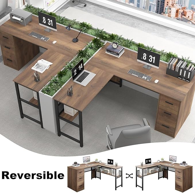 LVB Wood L Shaped Desk, Large Computer Office Desk with File Cabinets, Reversible Executive L Shape Gaming Desk with Drawers, Metal Wooden Corner Desk Table with with Storage Shelf, Rustic Oak 59 Inch