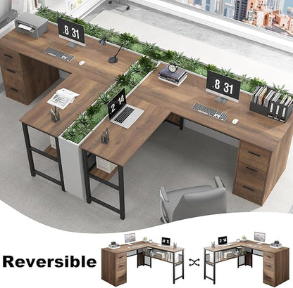 LVB Wood L Shaped Desk, Large Computer Office Desk with File Cabinets, Reversible Executive L Shape Gaming Desk with Drawers, Metal Wooden Corner Desk Table with with Storage Shelf, Rustic Oak 59 Inch