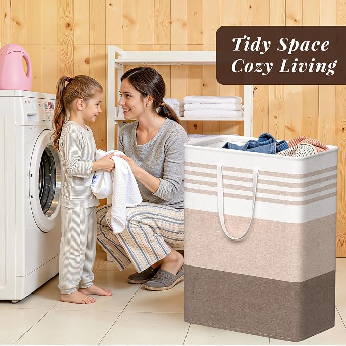 WOWBOX 2 Pack Laundry Baskets, Laundry Hampers, Freestanding Dirty Clothes Hampers with Reinforced Handles & Cross Stitch & Waterproof Coating, for Laundry Bedroom Bathroom Dorm,125L Khaki