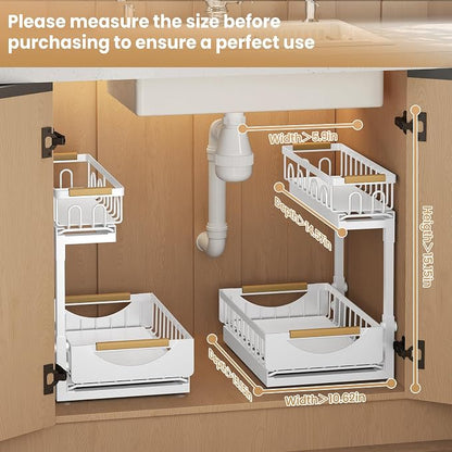 Under Sink Organizer and Storage for Bathroom and Kitchen - 2 Pack 2 Tier Under Cabinet Pull Out Shelf Organizers - Slide Out Drawer Organization for Home Cabinets Shelves and Drawers