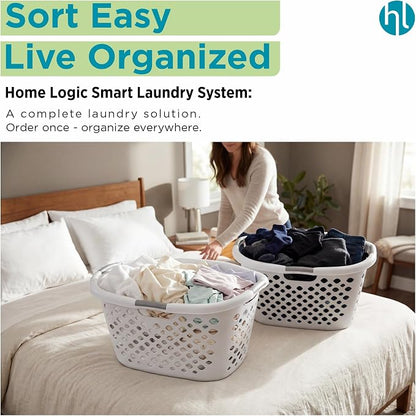 Home Logic 1.75 Bushel Plastic Laundry Basket with Hip Grip, Large Laundry Hamper with Handles, Ventilated Clothes Organizer for Bedroom Bathroom Closet, 2 Pack, White