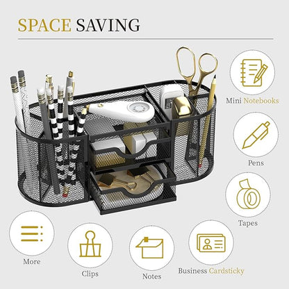 SUPEASY Mesh Desk Organizer, Desk Organizers and Accessories, Pen Holder with Drawers, Pencil Holder for Desk with 2 Drawer for Office Supplies, Black