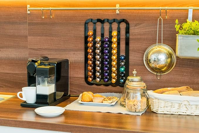 Demi's Home Adhesive Coffee Pod Holder for Nespresso Original Capsules (Measure Before Purchase) - Suitable to be Mounted Inside/Under the Cabinet or on the Wall (Black)
