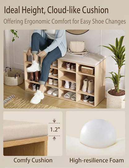 DINZI LVJ Shoe Storage Bench with Cushion, 16-Cubby Shoe Rack, Adjustable Shelves, 40.9" Long Shoe Organizer Bench for Entryway, Mudroom, Hallway, Garage, Natural and Cappuccino Beige