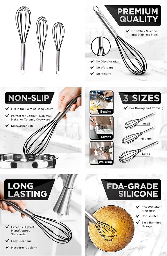 Silicone Whisk Set of 3 - Stainless Steel & Silicone Non-Stick Coating – wisking tool, Whisking, mini whisk, whisks for cooking (12-inch, 10-inch & 8.5-inch), egg whisk
