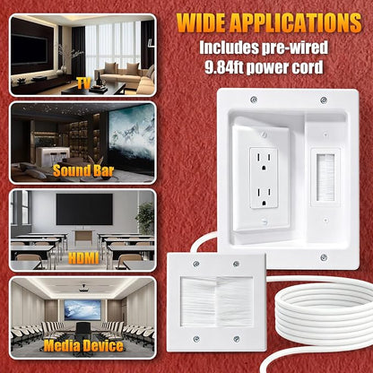 in Wall Cable Management Kit with Recessed Tv Socket Box, Two-Hole Socket, 9ft Cord, Tv Cable Concealment Wall Kit, Tv Cable Concealer Suitable for All Plugs, Convenient and Safe Cable Management