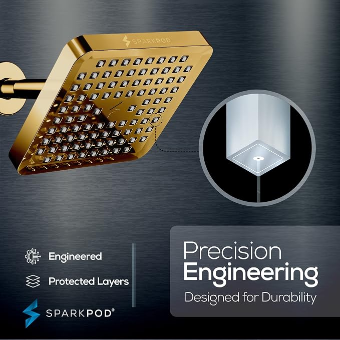 SparkPod Rain Shower Head, 6 Inch Square | High Pressure Shower Heads, 90 Nozzle (Touch-to-Clean), Adjustable Showerhead, No-tool Universal Connection
