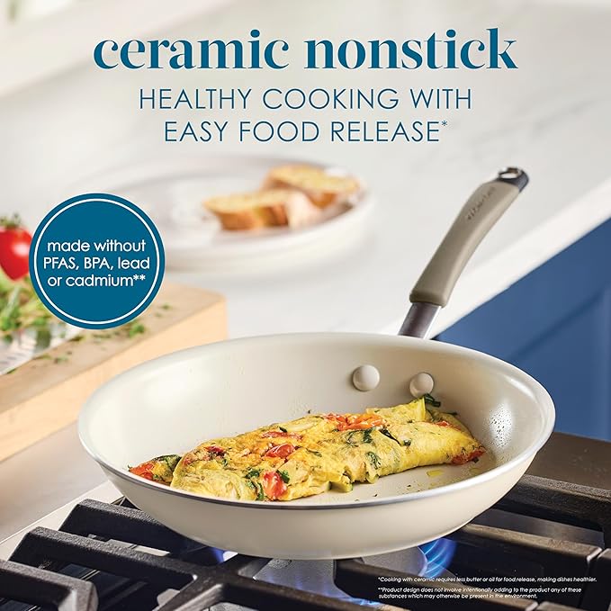 Rachael Ray Cucina Ceramic Cookware Set - 13 Pieces - Ceramic Pots and Pans Set w/Nonstick Frying Pans, Saute Pan, Saucepans, Stockpot, Lids, Pan Protectors - Almond
