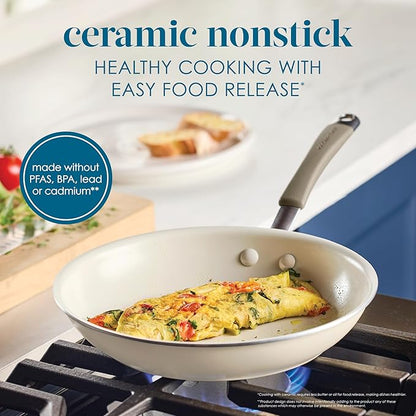 Rachael Ray Cucina Ceramic Cookware Set - 13 Pieces - Ceramic Pots and Pans Set w/Nonstick Frying Pans, Saute Pan, Saucepans, Stockpot, Lids, Pan Protectors - Almond