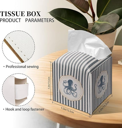 Grace Yonks Cute Octopus Tissue Box Cover Square, Striped Cube Case for Facial Tissues, 5.2" PU Leather(066)