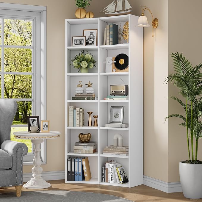Semoic 71" Bookcase, 6 Tier Large Bookshelf with Storage, Floor Standing Open Display Storage Shelves, Modern Tall Floor Standing Book Shelf for Living Room,White