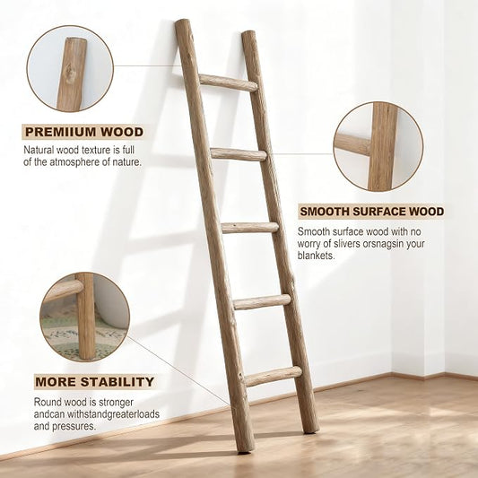 Wooden Blanket Ladder Natural & Motley Wood - Leaning Wall Decor for Bedroom, Bathroom, Living Room - Rustic Quilt Holder & Towel Rack (Natural Wood Brown, 57in | Fully Assembled)