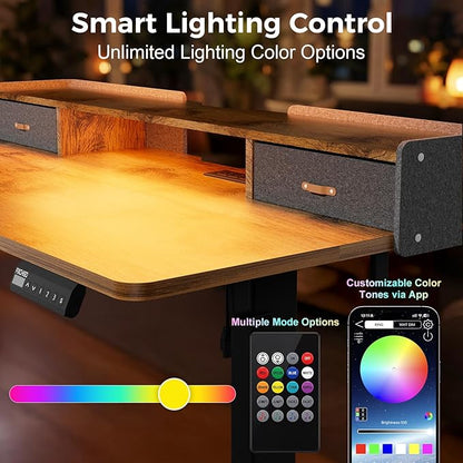 Electric Standing Desk with Drawers, 63 Inch Height Adjustable Desk with Power Outlets & LED Lights, Sit Stand Table with Monitor Stand for Home, Office, Rustic Brown