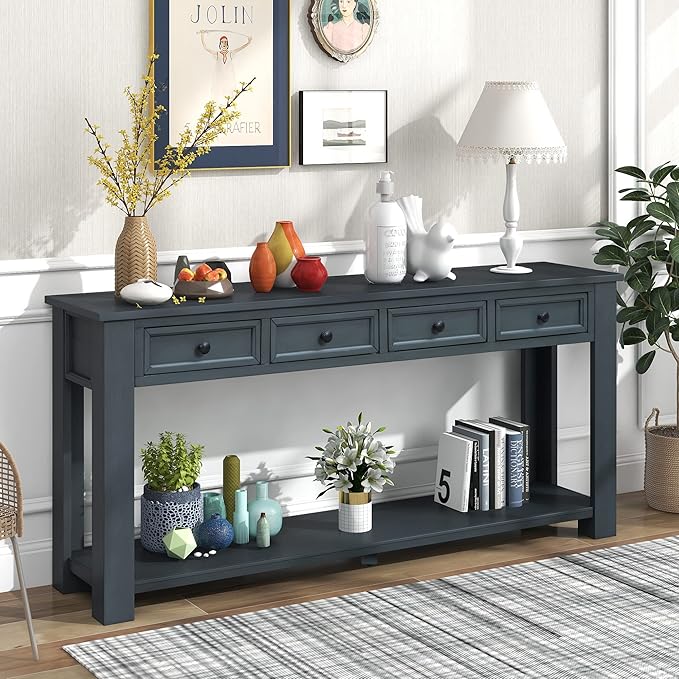 LKTART Solid Wood Console Table, Long Sofa Table Entryway Table with 4 Drawers and Bottom Shelf for Hallway Living Room Couch Table,Easy Assembled (63" Navy)