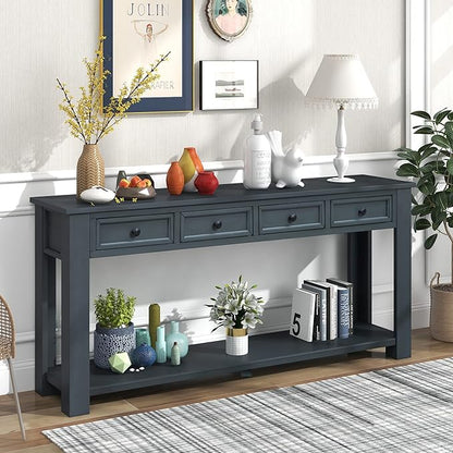 LKTART Solid Wood Console Table, Long Sofa Table Entryway Table with 4 Drawers and Bottom Shelf for Hallway Living Room Couch Table,Easy Assembled (63" Navy)