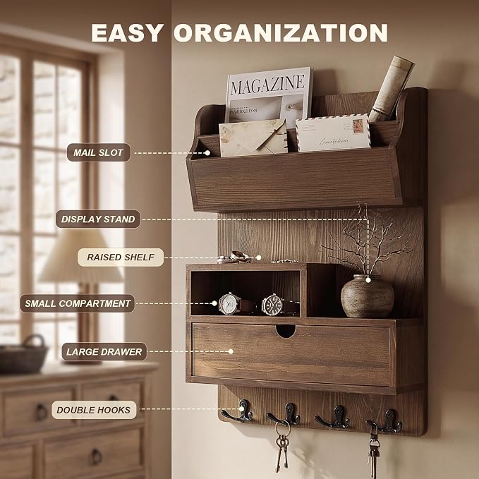 Rebee Vision Pine Wood Key Holder Wall Mount with Drawer Organizer – Farmhouse Key Holder for Wall with Mail Organizer & 4 Hooks – Perfect for Retro Home Decor(Brown)