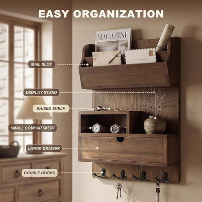 Rebee Vision Pine Wood Key Holder Wall Mount with Drawer Organizer – Farmhouse Key Holder for Wall with Mail Organizer & 4 Hooks – Perfect for Retro Home Decor(Brown)