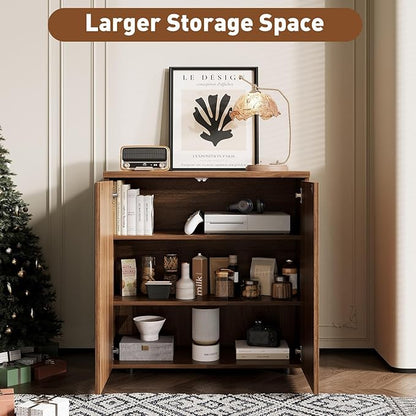 Rophefx Fluted Sideboard Cabinet, Buffet Cabinet with Storage, Credenza Storage Cabinets with Adjustable Shelf, Wood Entryway Cabinets with Pop-up Doors for Living Room, Entryway, Hallway, Walnut