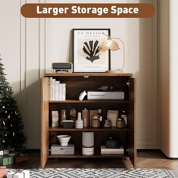 Rophefx Fluted Sideboard Cabinet, 63" Buffet Cabinet with Storage, Credenza Storage Cabinets with Adjustable Shelf, Wood Entryway Cabinets with Pop-up Doors for Living Room, Entryway, Hallway, Walnut