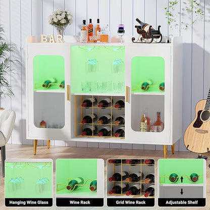 Liquor Cabinet Bar with Power Outlet and LED Light, Wine Bar Cabinet with Wine and Glasses Rack, Home Coffee Bar Cabinet, Buffet Sideboard with Storage Shelf for Kitchen, Dining Room, White