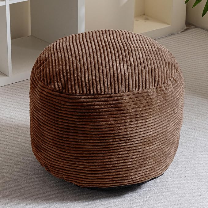 HIGOGOGO Round Stuffed Pouf Ottoman, Corduroy Poufs with Foam Chunk Filling, Furry and Fluffy Pouf Foot Stool Storage Ottoman, 20 X 15 Floor Poufs Foot Rest for Living Room, Brown