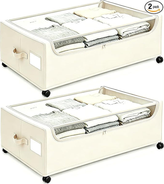 Under Bed Storage with Wheels, 2-Pack Under the Bed Storage Containers with Clear Lids & Label, Underbed Storage Bins, XXXL 85L 11 inches Rolling Metal Drawer for Clothes, Shoes, Toys, Books - Beige