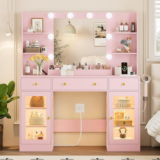 Vanity Desk With Mirror and Lights, Makeup Vanity Set with 3 Storage Drawers & Adjustable Shelves, Dressing Table with RGB Cabinets & Charging Station, 3 Lighting Modes for Women Kids Bedroom, Pink