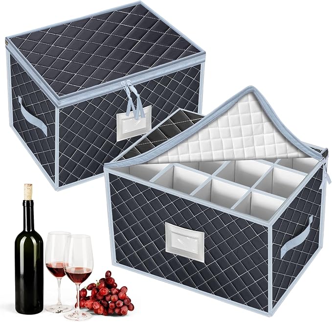 Wine Glass Storage Box with Dividers Holds 24 Stemware Storage Cases or China Crystal Glassware Containers with Handles and Lable Window (15.5" x 12.5"x10")-Set of 2 Grey