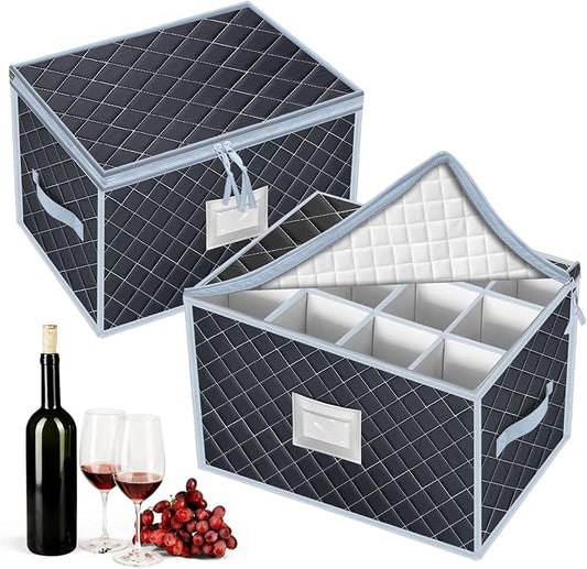 Wine Glass Storage Box with Dividers Holds 24 Stemware Storage Cases or China Crystal Glassware Containers with Handles and Lable Window (15.5" x 12.5"x10")-Set of 2 Grey