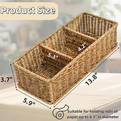 2 Pack Wicker Storage Basket, 3 Compartments Plastic Toilet Tank Topper Woven Basket, Rattan Storage Container Countertop Organizer for Bathroom Bedroom Decor, Tan