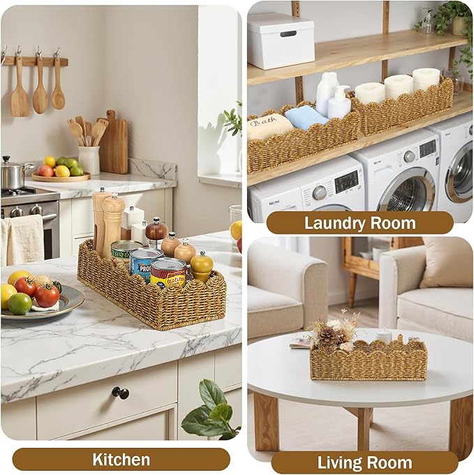 Scalloped Toilet Paper Basket - Resin Wicker Water-Resistant Storage Toilet Tank Topper Boho Style Set of 2