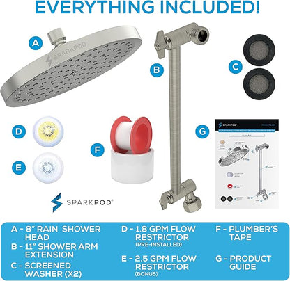 SparkPod Round Rain Shower Head with Shower Head Extension Arm - High Pressure Rain - Luxury Modern Look - No Hassle Tool-less 1-Min Installation (11" Shower Arm Extension, Elegant Brushed Nickel)