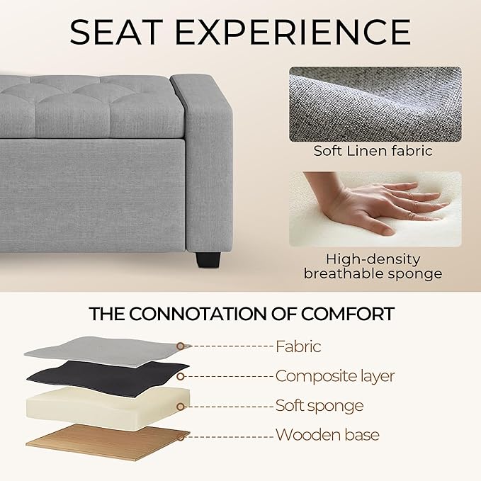 Storage Ottoman Bench,Large Entryway Ottoman with Storage, Rectangular Bench with Cushion and Safety Hinge