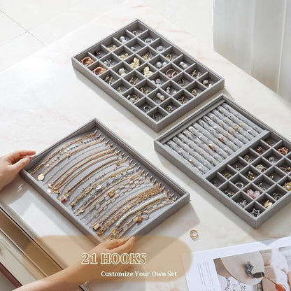 Large Velvet Jewelry Tray 2 Pack Stackable Jewelry Display Drawer Inserts Trays Organizer for Earring Bracelet Necklace Ring (Gray, 20 Hooks)
