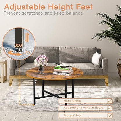 Round Coffee Table, 23.6" Small Coffee Tables for Living Room, Circle Coffee Table with Metal Frame, Floor Table Desk for Sitting on The Floor, Home, Office, Rustic Brown