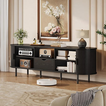 69" Mid-Century TV Stand with Power Outlet, Fluted Entertainment Center with Storage Drawer, TV Console with Sliding Door and Adjustable Shelves, TV Stand up to 80" for Living Room, Bedroom, Black