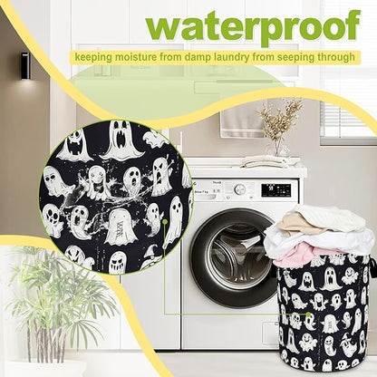 Cute Ghost Laundry Basket Funny Spooky Foldable Waterproof Oxford Cloth Tote Bag Laundry Hamper Round Large Clothes Storage Bucket Toy Organizer For Bathroom/Laundry Storage/Bedroom 18.9x16.5 Inch
