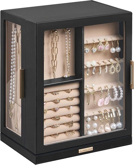 Glimmloop 360° Rotating Jewelry Box with 5 Drawers, Spacious Vertical Jewelry Organizer with Glass Window, Jewelry Storage Case, Dustproof & Moisture-resistant Design, Black