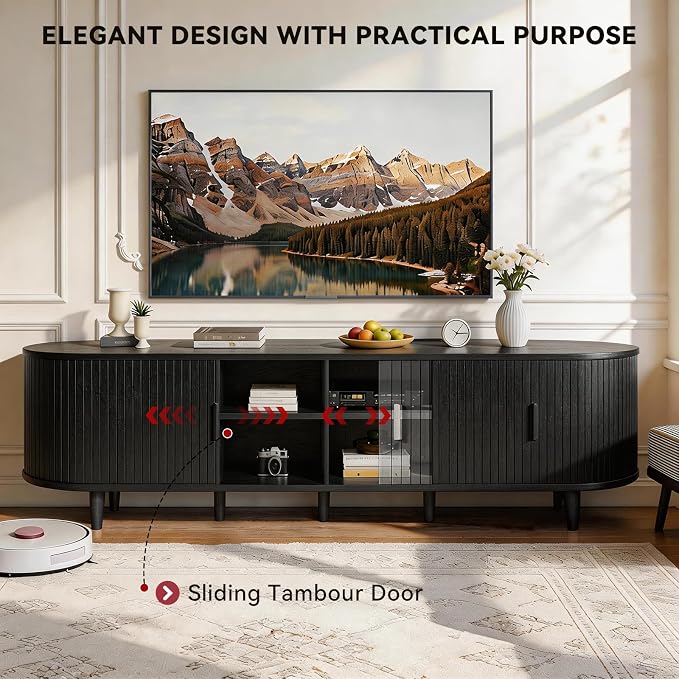 80" Mid Century Modern TV Stand with Power Outlet, Fluted Entertainment Center with Storage and Adjustable Shelves, Wood TV Console with Sliding Doors for Living Room, Black