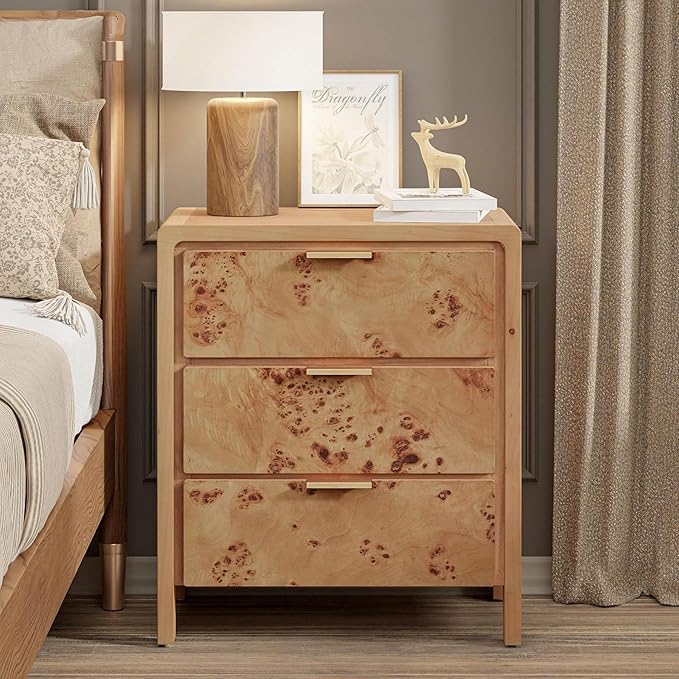 COZAYH Burl Finish 3 Drawer Nightstand, Wood Rustic Farmhouse Dresser, Vintage Accent Storage Bedside Table for Bedroom Entryway, Fully Assembled, Natural