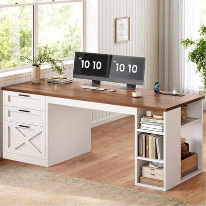 SEDETA 55.1" Farmhouse Office Desk with 3 Drawers, Executive Desk with File Drawer & Storage Shelves, Computer Desk with Power Outlet for Home Office, White and Brown