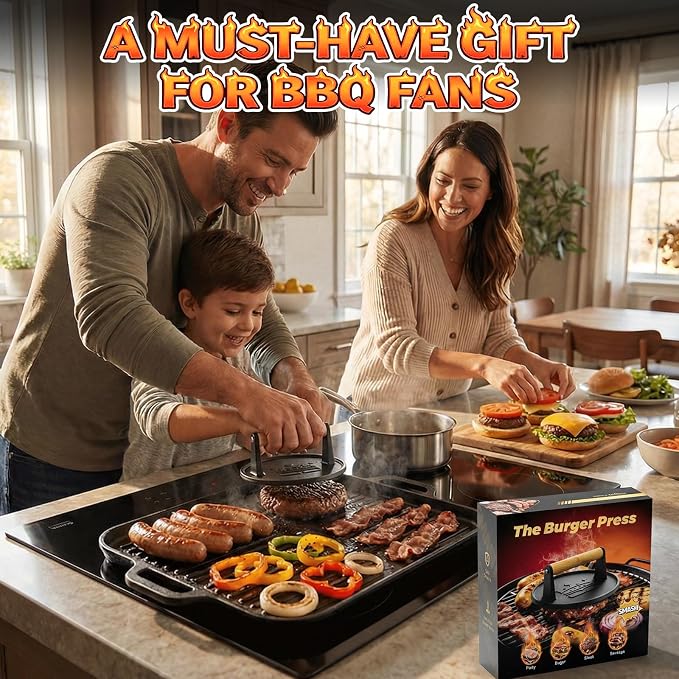 Smash Burger Press 6.5”,Cast Iron Flat Round Edge Grill/Bacon/Meat/Hamburger/Chef Press with Wood Handle,1.74lb hamburger press patty maker for Griddles,Nonstick burger smasher for griddle accessories