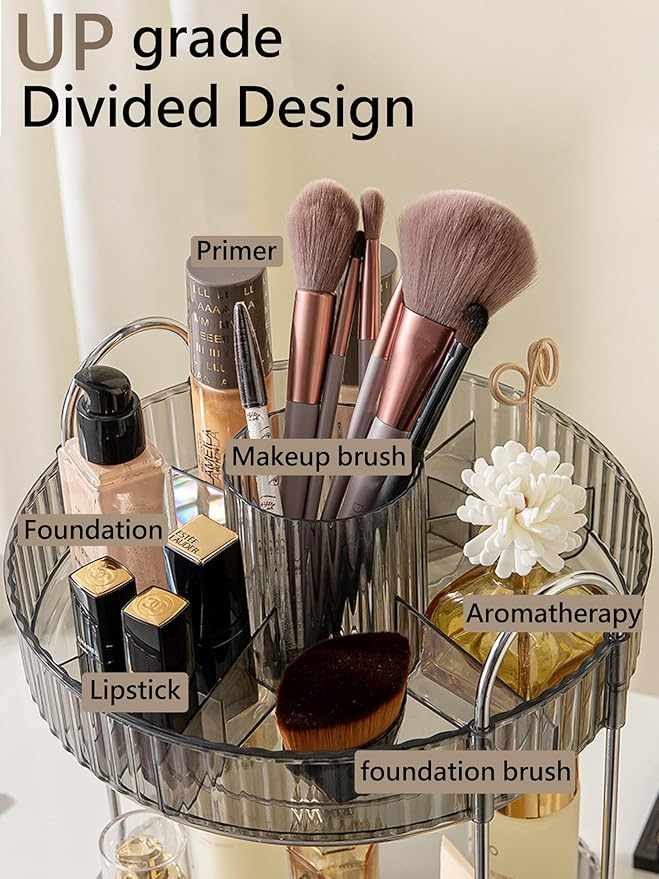 Asayuee 360 Rotating Makeup Organizer,2 Tier Large Capacity Make Up Organizers and Storage,Skincare Perfume Vanity Organizers,Bathroom Cosmetics Storage Organizer Countertop(Grey)