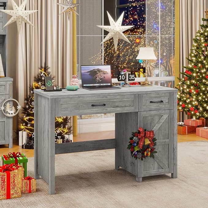 Vabches Farmhouse 47" Executive Desk, Computer Desk with Drawers and Storage Cabinet, Workstation Computer Desk for Home Office and Study.(Grey)