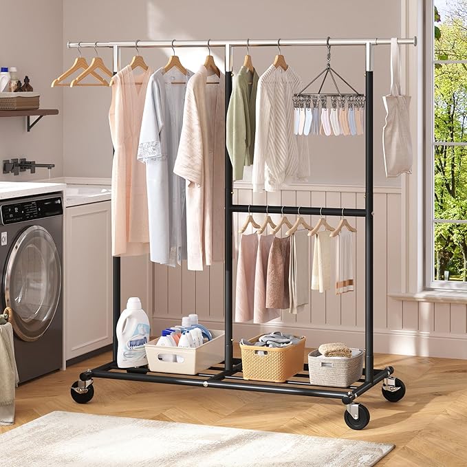 Raybee Clothes Rack Heavy Duty 450LBS, Clothing Racks for Hanging Clothes 200+, Metal Clothing Rack with Wheels, Rolling Commercial Garment Rack Portable, Black