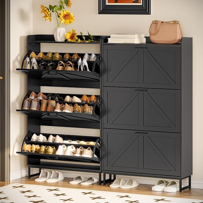 Shoe Cabinet Storage for Entryway, Shoe Storage Cabinet with 3 Flip Drawers, Freestanding Narrow Shoe Rack Organizer with Metal Legs for Foyer, Hallway, Black
