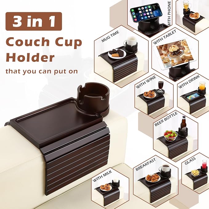 GHKINMAL Couch Cup Holder Tray, 3 in 1 Large Couch Arm Trays,Bamboo Chair Clip on Tray with 360° Ratated Phone Cup Holder for Couch,Snacks,Remote,Phone-Black Walnut