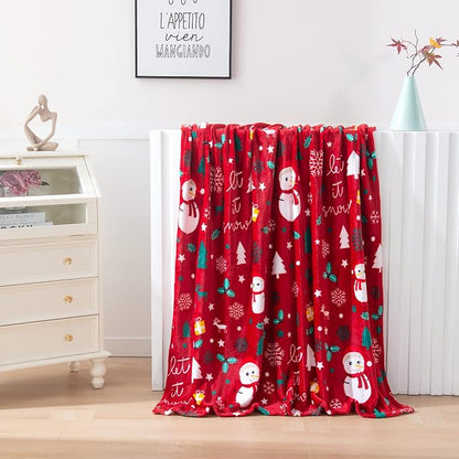 Elegant Comfort Luxury Velvet Super Soft Christmas Prints Fleece Blanket-Holiday Theme Home Décor Fuzzy Warm and Cozy Throws for Winter Bedding, Couch and Gift, 50 x 60 inch, Red Snowman