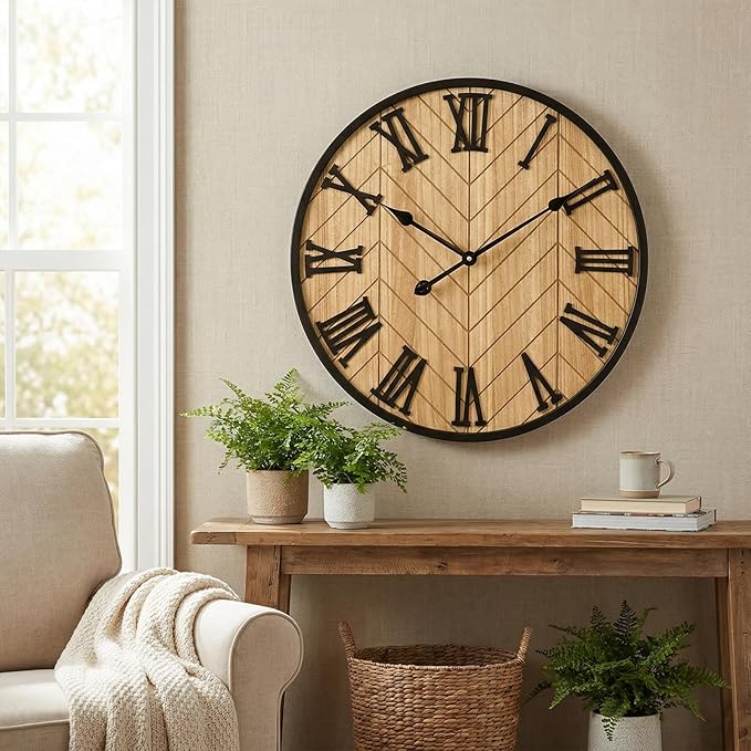 EMAX HOME 24 Inch Large Wall Clock Farmhouse Style - Brown Silent Non-Ticking Rustic Decor for Living Room, Kitchen, Bedroom